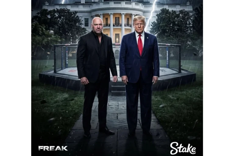 Captura de pantalla de una publicación de Truth Social de Donald Trump promocionando un evento de UFC con el logo de Stake.us.