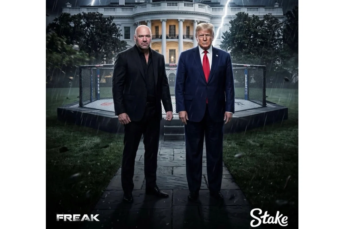 Captura de pantalla de una publicación de Truth Social de Donald Trump promocionando un evento de UFC con el logo de Stake.us.