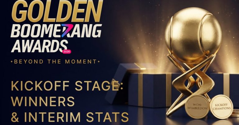 Un trofeo dorado de los Golden Boomerang Awards, rodeado de elementos deportivos como un coche de Fórmula 1 y una raqueta de tenis.