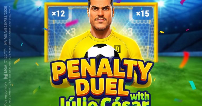 Captura de pantalla del juego 'Penalty Duel with Júlio César' de BGaming, mostrando al portero brasileño en acción.