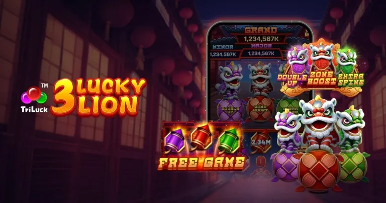 Un vibrante león de la suerte en una pantalla de tragamonedas, rodeado de monedas doradas y símbolos de bonificación, representando el juego "3 Lucky Lion" de TaDa Gaming.