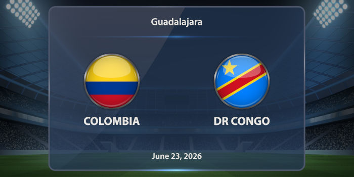 Jugadores de las selecciones de Colombia y RD Congo disputando un balón en un partido de fútbol.