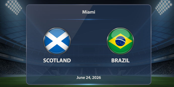 Jugadores de las selecciones de Brasil y Escocia disputando el balón en un partido de la Copa Mundial.
