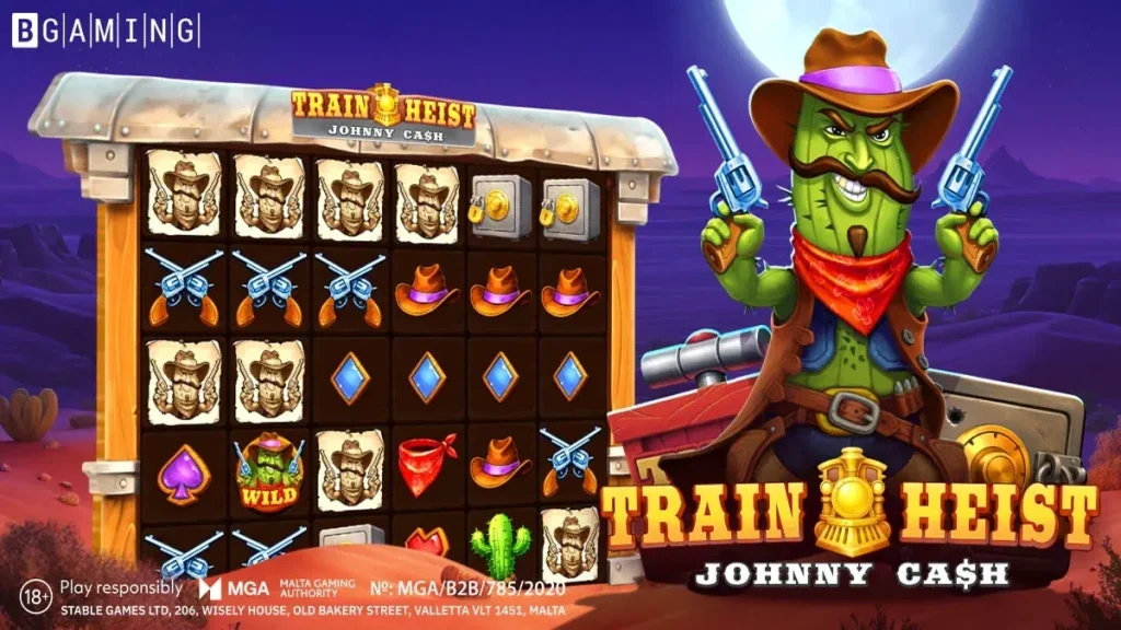 Ilustración del personaje Johnny Cash de BGaming, un forajido de caricatura, en el contexto de un atraco a un tren en movimiento.
