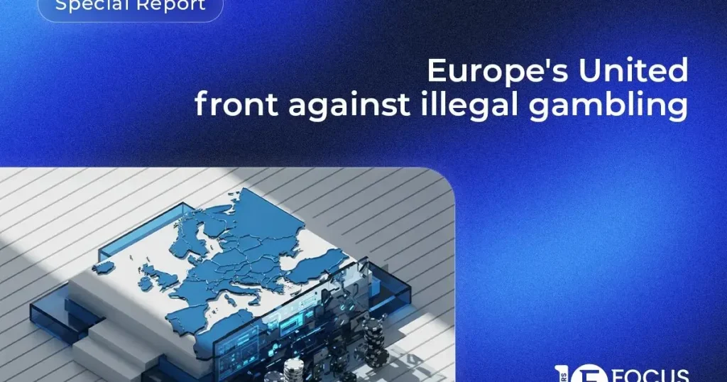 Representación gráfica de varios reguladores de juego europeos colaborando para combatir el juego online ilegal