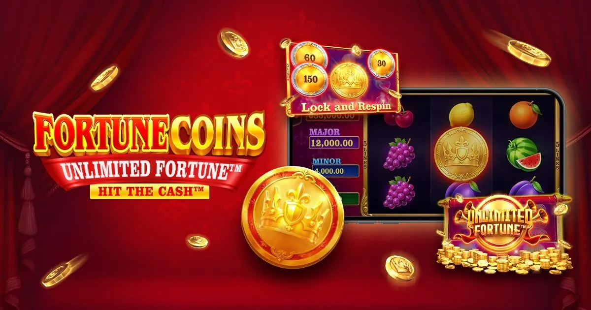 Pantalla del juego Fortune Coins Unlimited Fortune mostrando monedas, campanas y sietes, con un fondo morado.