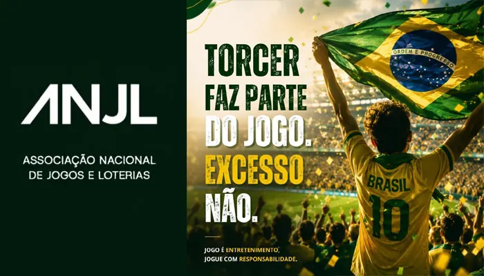 Hinchas brasileños viendo un partido de fútbol y utilizando sus teléfonos, con un mensaje de juego responsable.