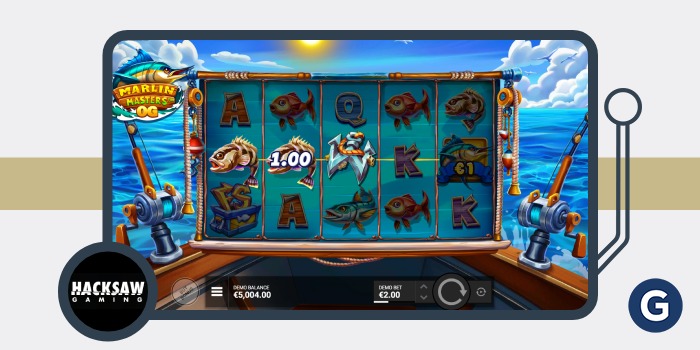 Pantalla del juego Marlin Masters mostrando símbolos de marlines, un pescador y el fondo del océano