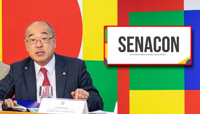 Logo de la Senacon sobre un fondo con la bandera de Brasil, simbolizando la regulación gubernamental de apuestas.