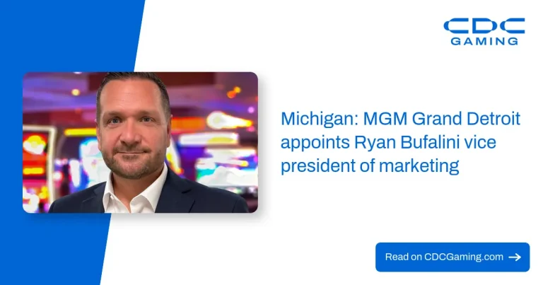 Ryan Bufalini, nuevo vicepresidente de marketing de MGM Grand Detroit, en una oficina corporativa con decoración del casino